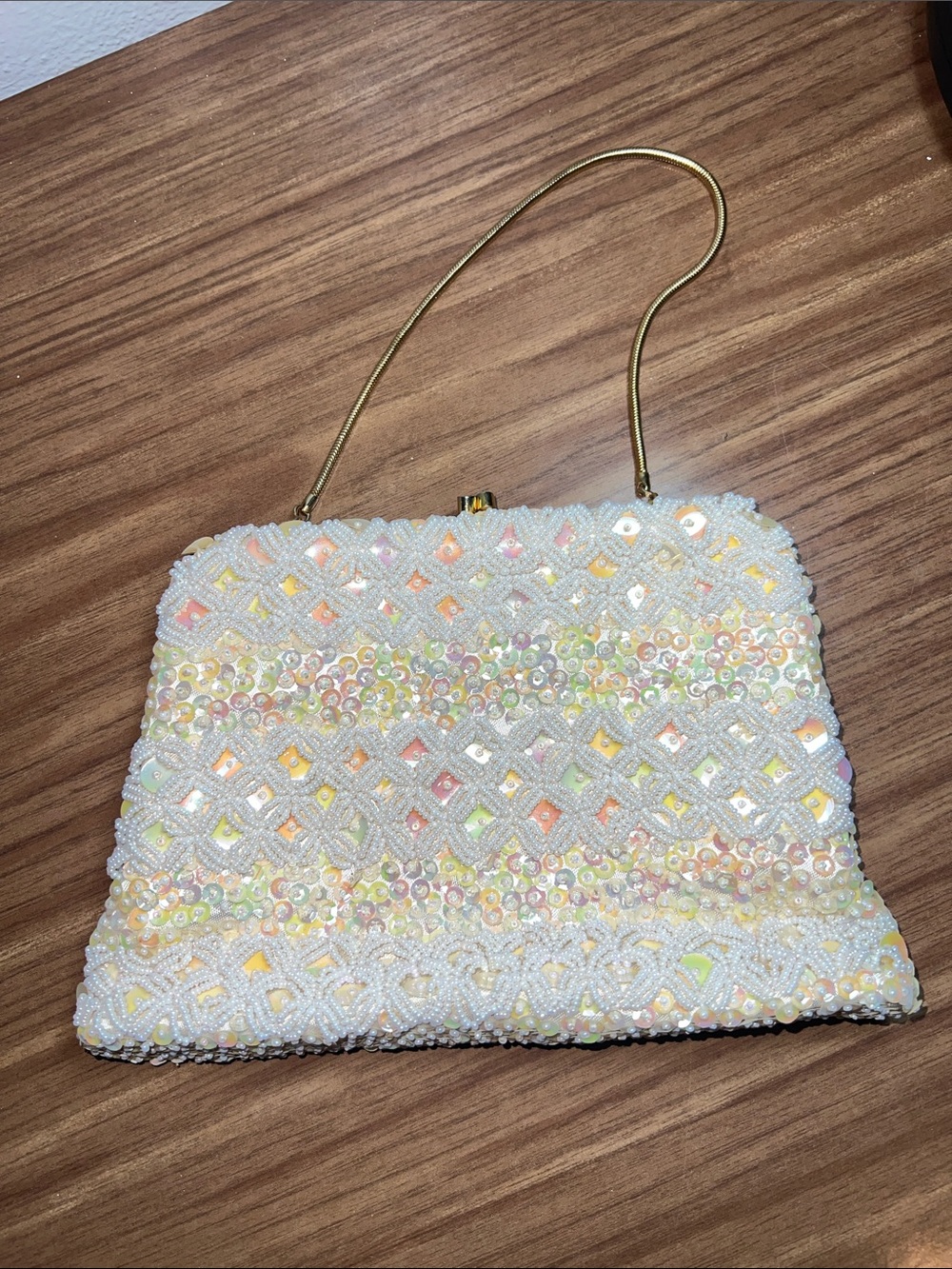 Vintage Ivory Beaded Evening Clutch with Pastel Accents Handmade In Hong Kong